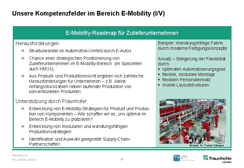 Unsere Kompetenzfelder im Bereich E-Mobility (I/V) E-Mobility-Roadmap für Zulieferunternehmen Herausforderungen: n Strukturwandel im Automotive-Umfeld