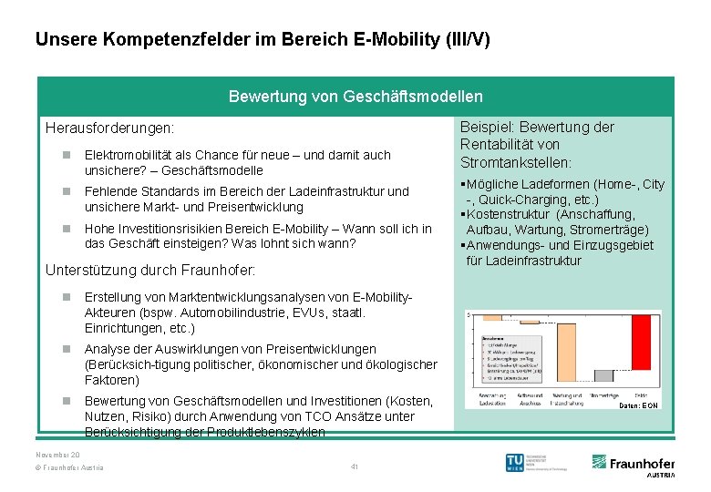 Unsere Kompetenzfelder im Bereich E-Mobility (III/V) Bewertung von Geschäftsmodellen Herausforderungen: n Elektromobilität als Chance