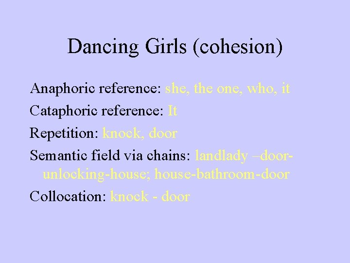 Dancing Girls (cohesion) Anaphoric reference: she, the one, who, it Cataphoric reference: It Repetition: