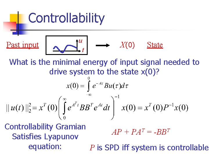 Controllability Past input u t X(0) State What is the minimal energy of input