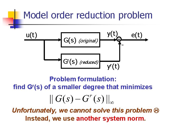 Model order reduction problem u(t) y(t) G(s) (original) Gr(s) (reduced) + e(t) - yr(t)