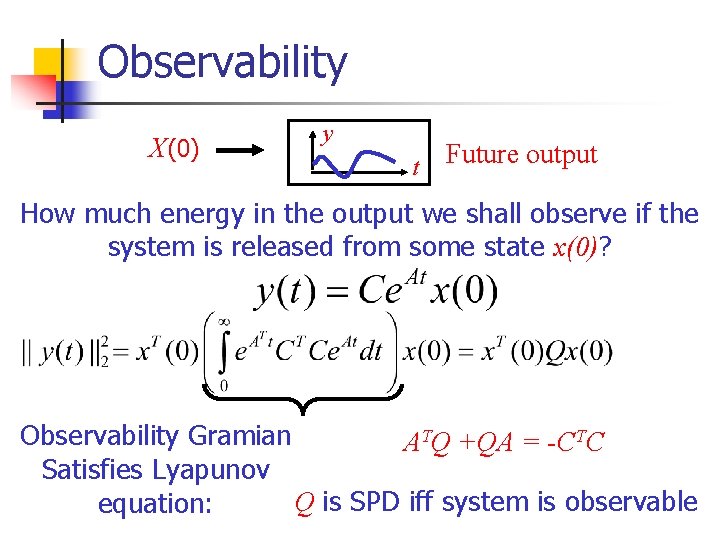 Observability X(0) y t Future output How much energy in the output we shall