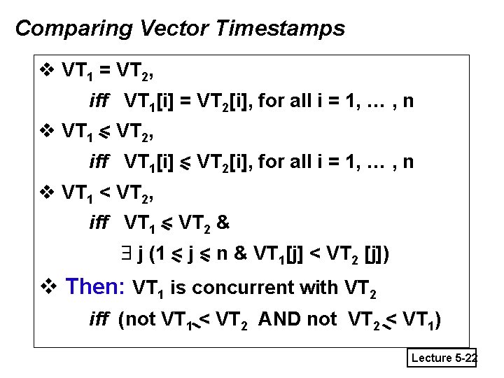 Comparing Vector Timestamps v VT 1 = VT 2, iff VT 1[i] = VT