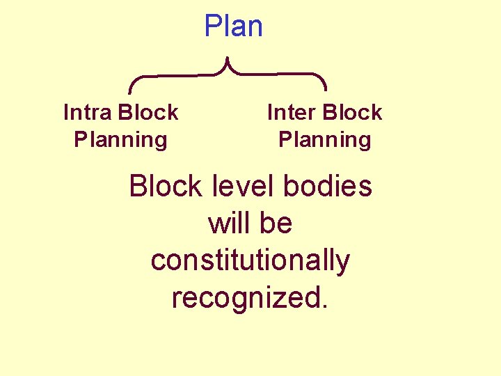 Plan Intra Block Planning Inter Block Planning Block level bodies will be constitutionally recognized.