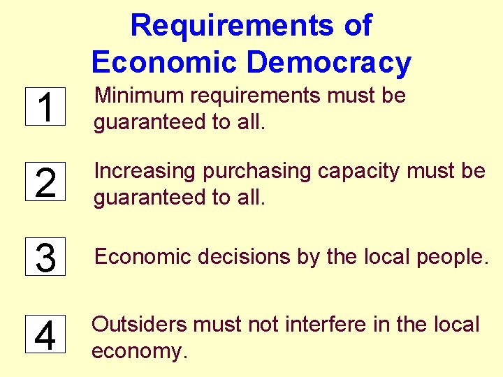 Requirements of Economic Democracy 1 Minimum requirements must be guaranteed to all. 2 Increasing
