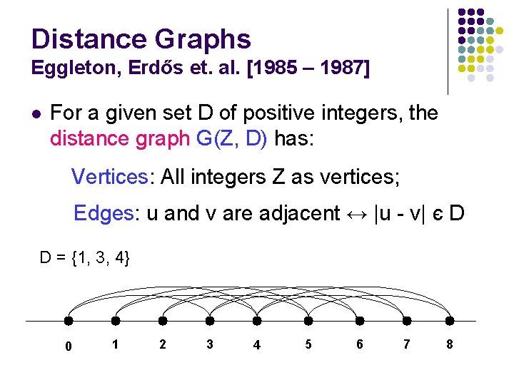 Distance Graphs Eggleton, Erdős et. al. [1985 – 1987] l For a given set