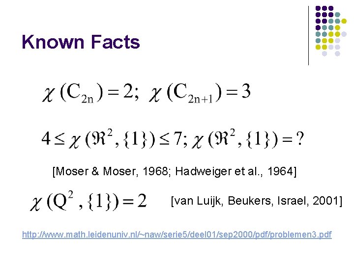 Known Facts [Moser & Moser, 1968; Hadweiger et al. , 1964] [van Luijk, Beukers,