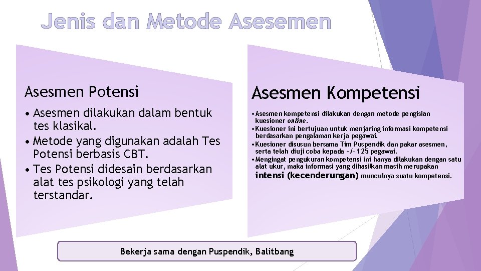 Jenis dan Metode Asesemen Asesmen Potensi • Asesmen dilakukan dalam bentuk tes klasikal. •