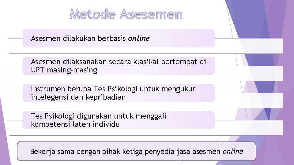 Metode Asesemen Asesmen dilakukan berbasis online Asesmen dilaksanakan secara klasikal bertempat di UPT masing-masing