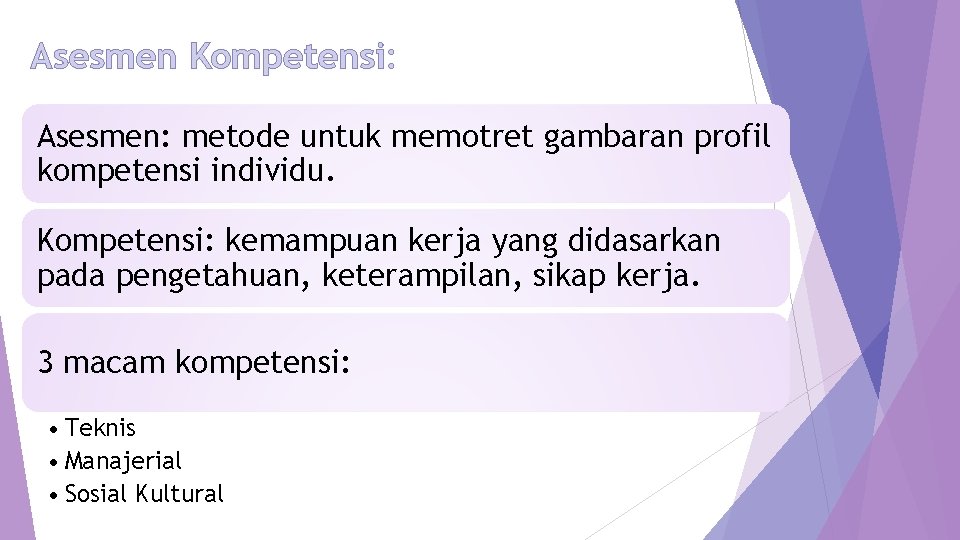 Asesmen Kompetensi: Asesmen: metode untuk memotret gambaran profil kompetensi individu. Kompetensi: kemampuan kerja yang