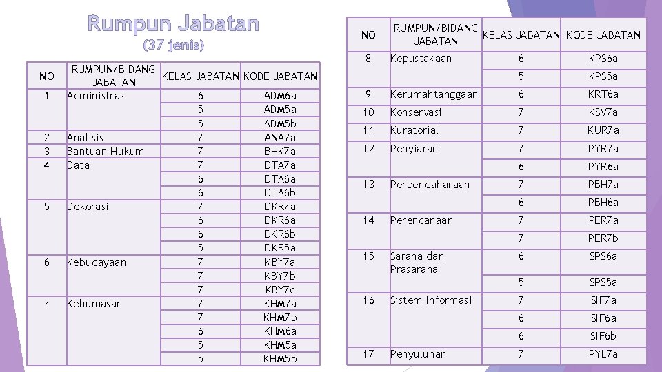 Rumpun Jabatan (37 jenis) NO 1 2 3 4 5 6 7 RUMPUN/BIDANG KELAS