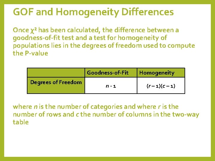 GOF and Homogeneity Differences Once χ² has been calculated, the difference between a goodness-of-fit
