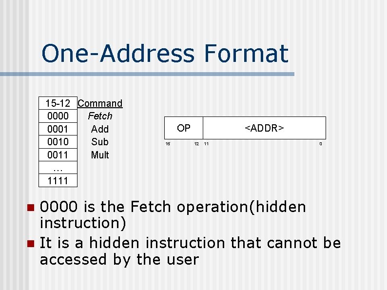 One-Address Format 15 -12 Command 0000 Fetch 0001 Add 0010 Sub 0011 Mult …