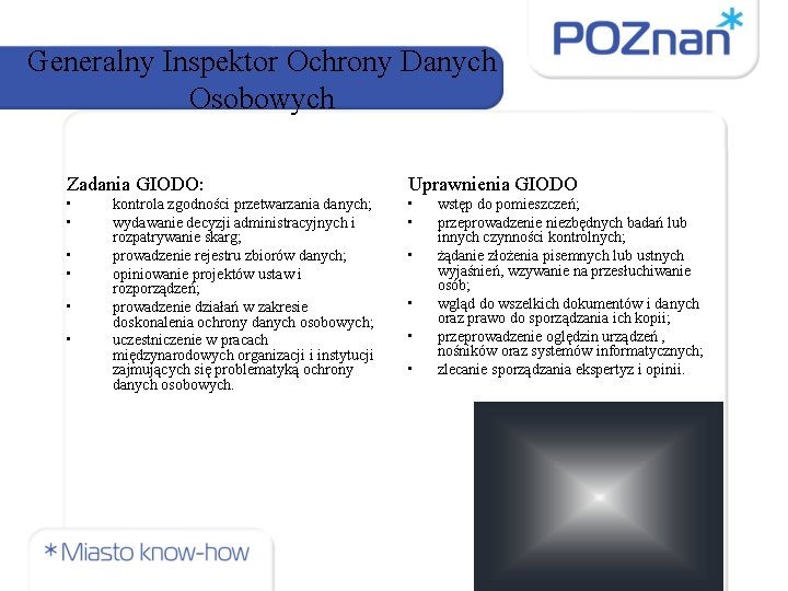 Generalny Inspektor Ochrony Danych Osobowych Zadania GIODO: Uprawnienia GIODO • • kontrola zgodności przetwarzania