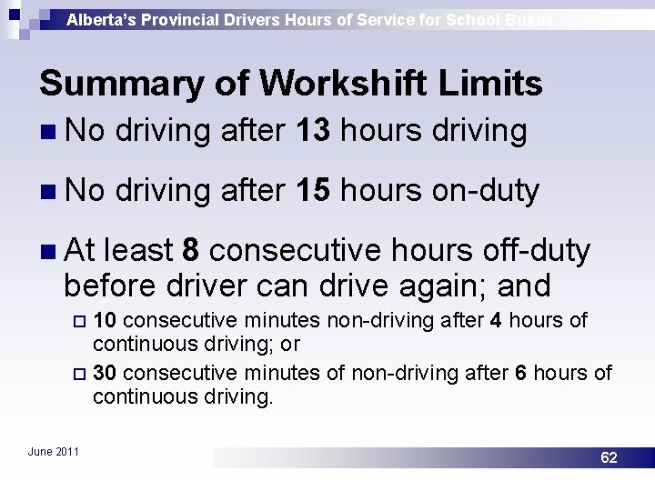 Alberta’s Provincial Drivers Hours of Service for School Buses Summary of Workshift Limits n