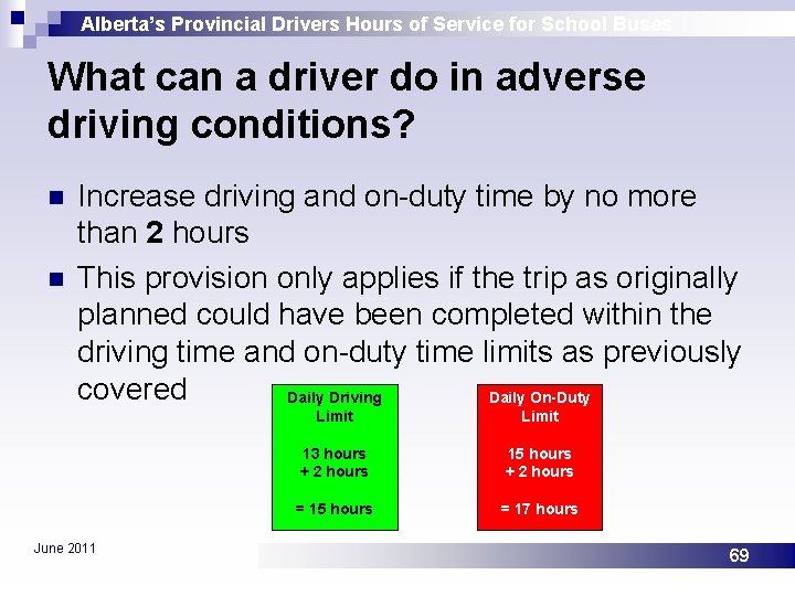 Alberta’s Provincial Drivers Hours of Service for School Buses What can a driver do