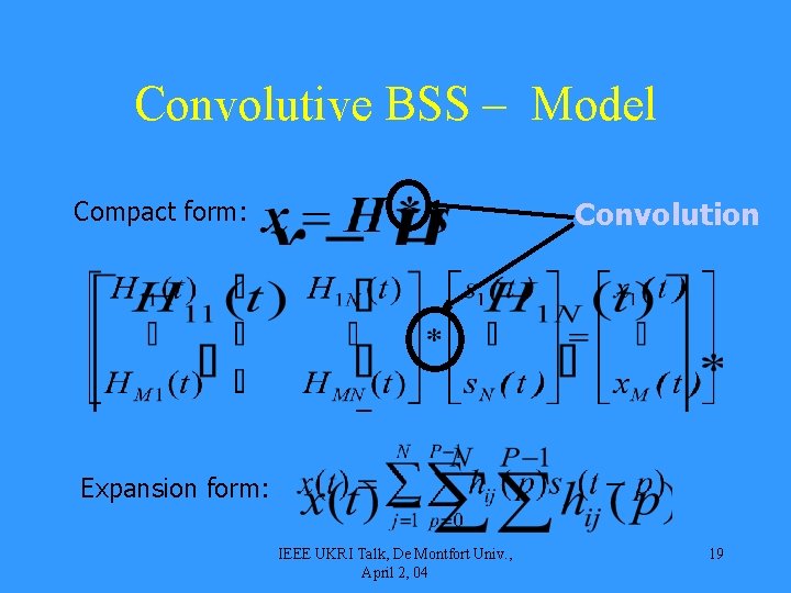 Convolutive BSS – Model Convolution Compact form: Expansion form: IEEE UKRI Talk, De Montfort