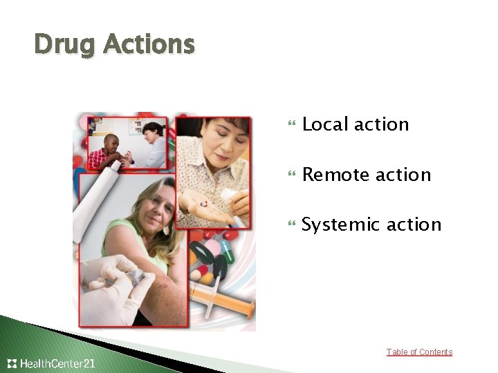 Drug Actions Local action Remote action Systemic action Table of Contents 