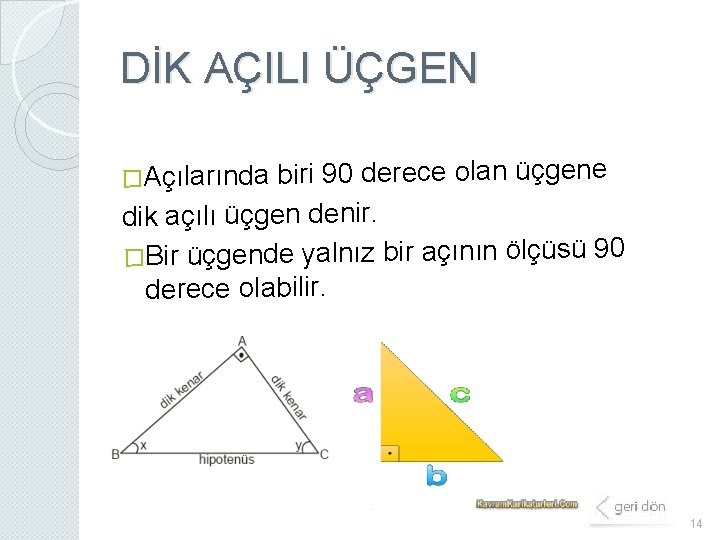 DİK AÇILI ÜÇGEN �Açılarında biri 90 derece olan üçgene dik açılı üçgen denir. �Bir