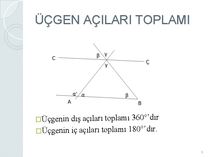 ÜÇGEN AÇILARI TOPLAMI �Üçgenin dış açıları toplamı 360°’dır �Üçgenin iç açıları toplamı 180°’dır. 6 ÜÇGEN AÇILARI TOPLAMI �Üçgenin dış açıları toplamı 360°’dır �Üçgenin iç açıları toplamı 180°’dır. 6