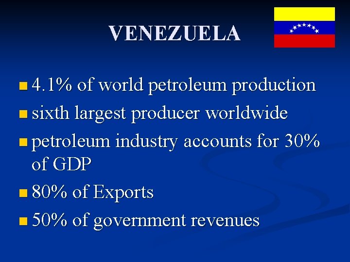 VENEZUELA n 4. 1% of world petroleum production n sixth largest producer worldwide n