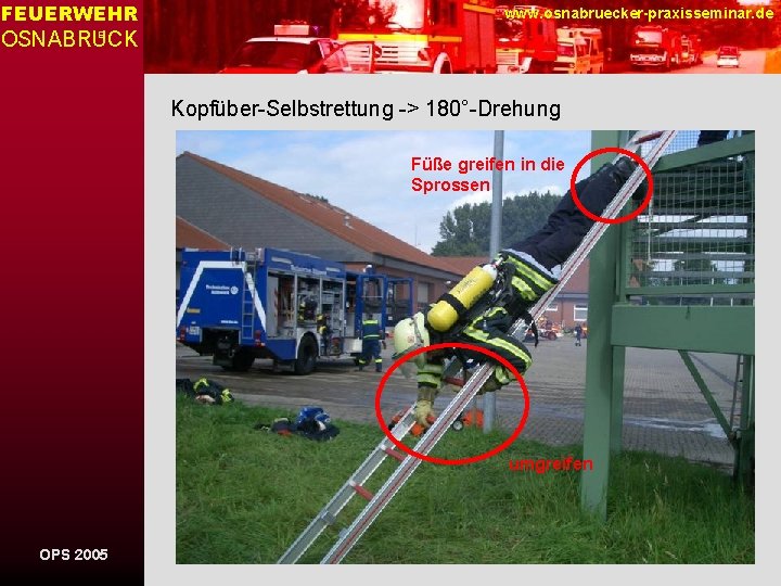 FEUERWEHR www. osnabruecker-praxisseminar. de OSNABRUCK E Kopfüber-Selbstrettung -> 180°-Drehung Füße greifen in die Sprossen