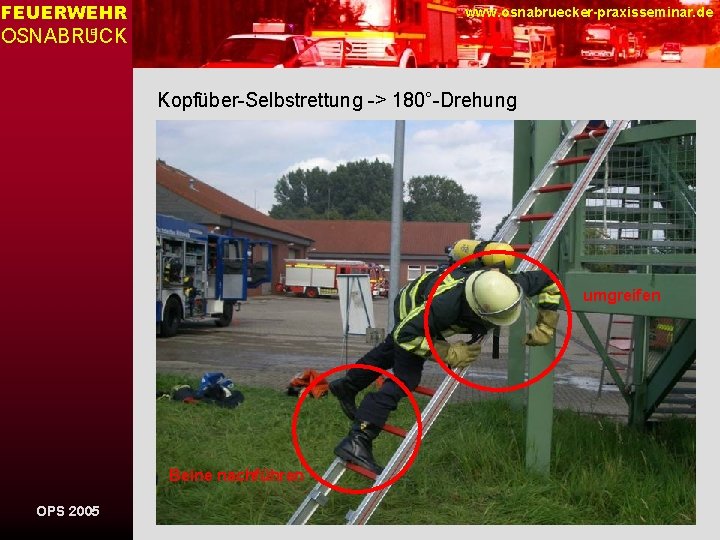 FEUERWEHR www. osnabruecker-praxisseminar. de OSNABRUCK E Kopfüber-Selbstrettung -> 180°-Drehung umgreifen Beine nachführen OPS 2005