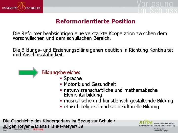 Reformorientierte Position Die Reformer beabsichtigen eine verstärkte Kooperation zwischen dem vorschulischen und dem schulischen
