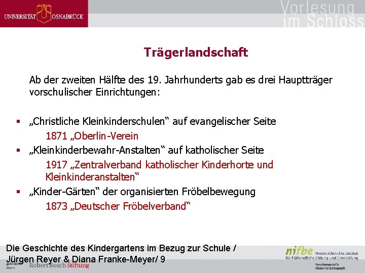Trägerlandschaft Ab der zweiten Hälfte des 19. Jahrhunderts gab es drei Hauptträger vorschulischer Einrichtungen: