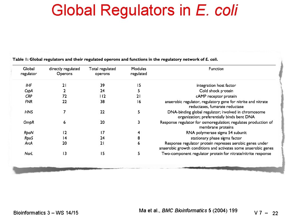 Global Regulators in E. coli Bioinformatics 3 – WS 14/15 Ma et al. ,