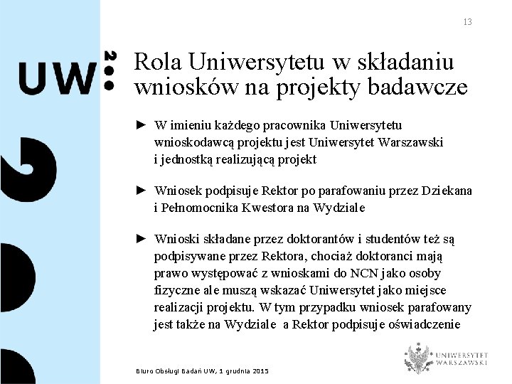 13 Rola Uniwersytetu w składaniu wniosków na projekty badawcze ► W imieniu każdego pracownika