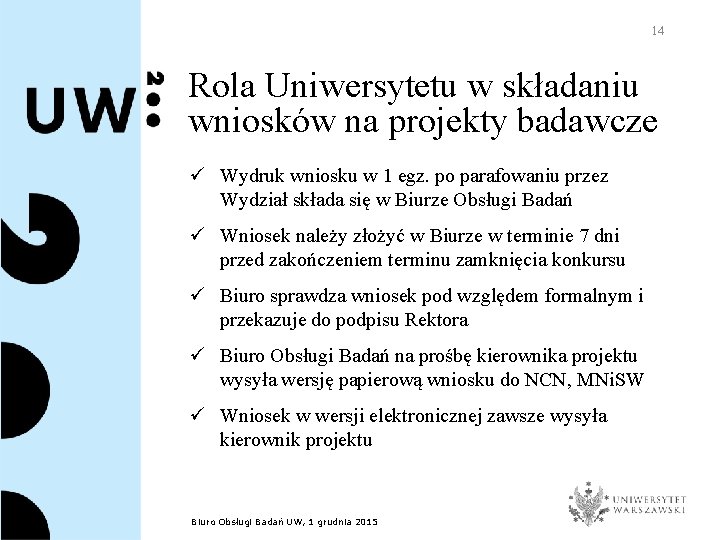 14 Rola Uniwersytetu w składaniu wniosków na projekty badawcze ü Wydruk wniosku w 1