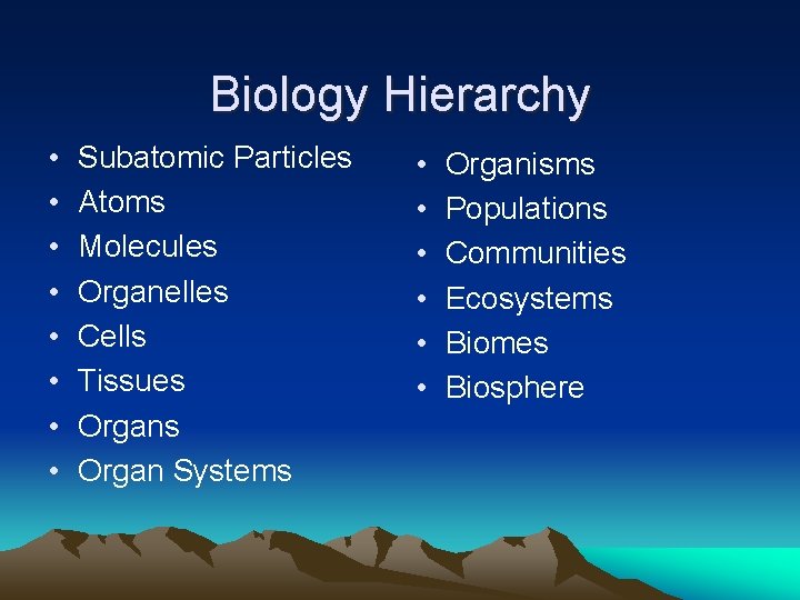 Biology Hierarchy • • Subatomic Particles Atoms Molecules Organelles Cells Tissues Organ Systems •