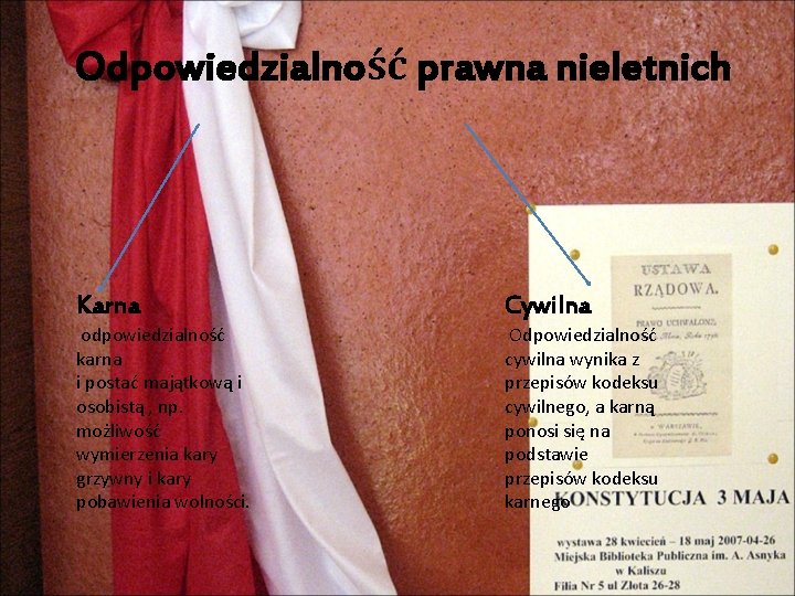 Odpowiedzialność prawna nieletnich Karna Cywilna odpowiedzialność karna i postać majątkową i osobistą , np.