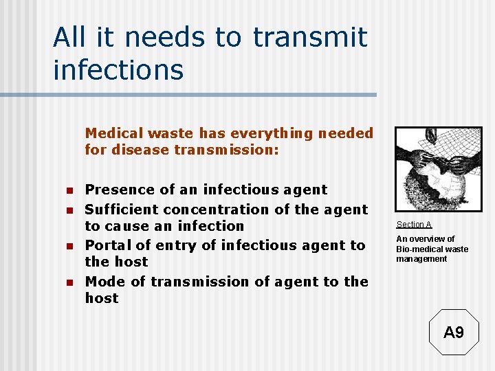 All it needs to transmit infections Medical waste has everything needed for disease transmission: