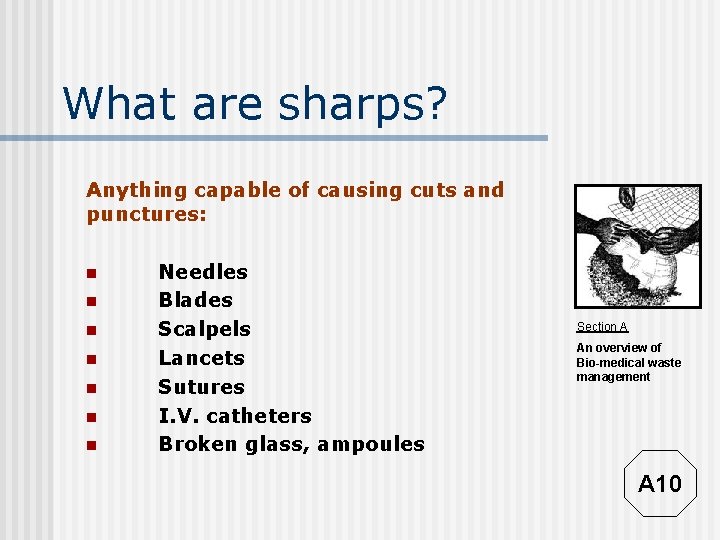 What are sharps? Anything capable of causing cuts and punctures: n n n n