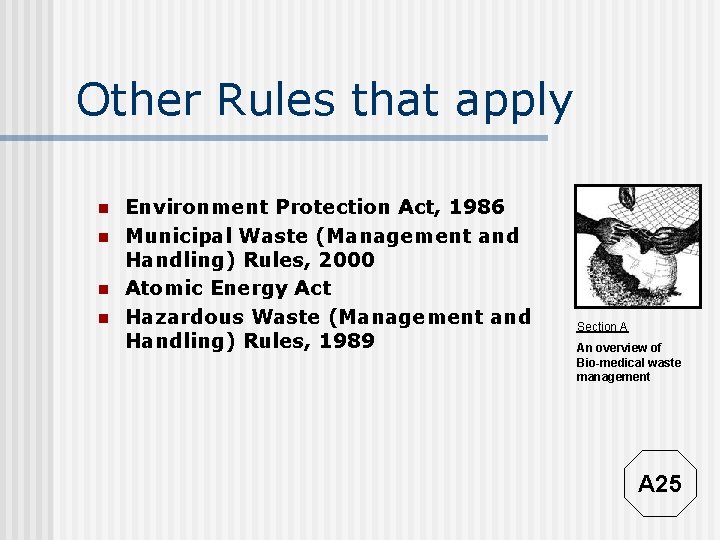 Other Rules that apply n n Environment Protection Act, 1986 Municipal Waste (Management and