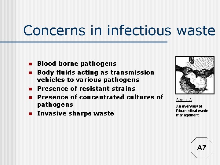 Concerns in infectious waste n n n Blood borne pathogens Body fluids acting as