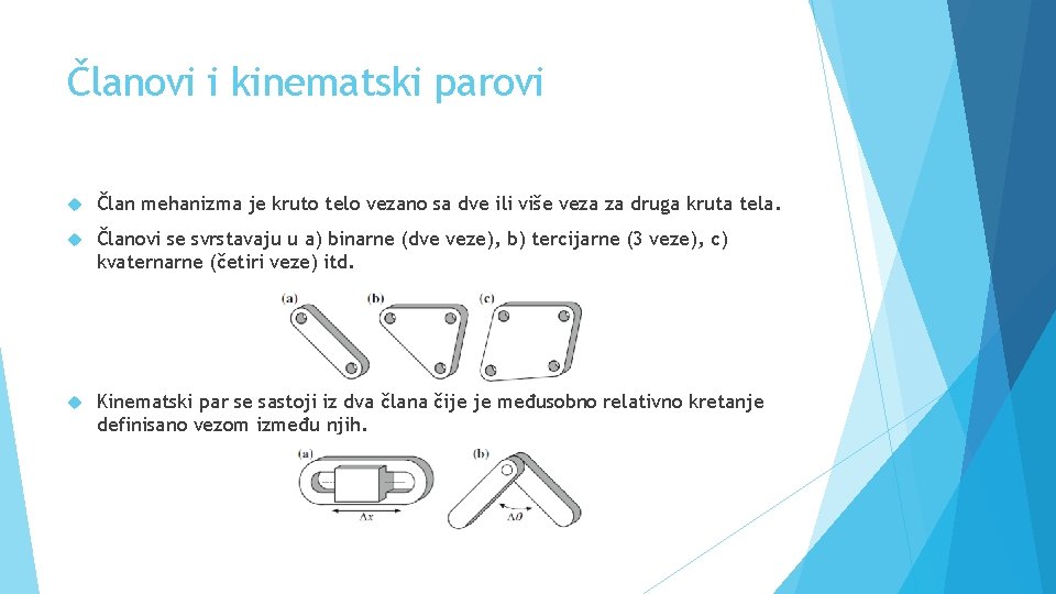 Članovi i kinematski parovi Član mehanizma je kruto telo vezano sa dve ili više