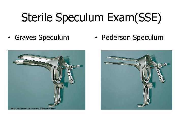 Sterile Speculum Exam(SSE) • Graves Speculum • Pederson Speculum 
