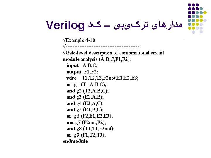 Verilog ﻣﺪﺍﺭﻫﺎی ﺗﺮکیﺒی – کﺪ //Example 4 -10 //--------------------- //Gate-level description of combinational circuit