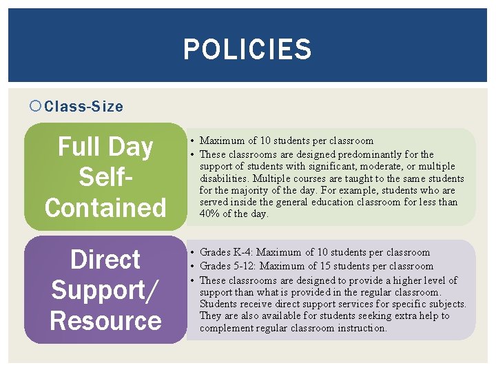 POLICIES Class-Size Full Day Self. Contained • Maximum of 10 students per classroom •