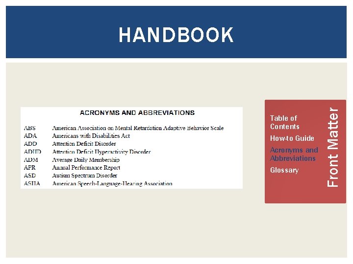 Table of Contents How-to Guide Acronyms and Abbreviations Glossary Front Matter HANDBOOK 