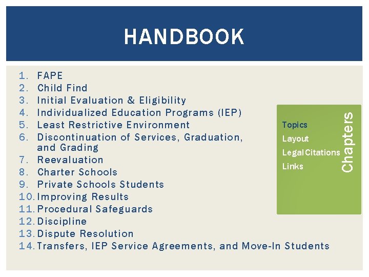 HANDBOOK 1. 2. 3. 4. 5. 6. Chapters FAPE Child Find Initial Evaluation &