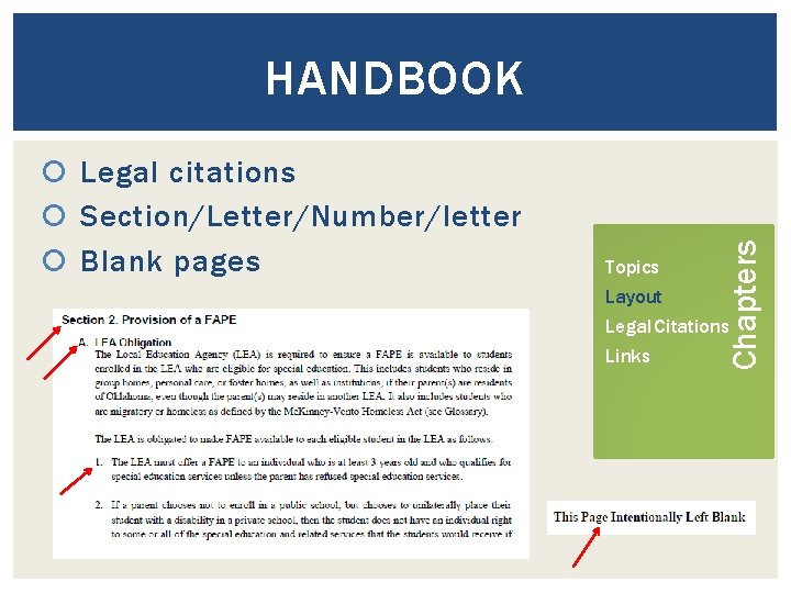  Legal citations Section/Letter/Number/letter Blank pages Topics Chapters HANDBOOK Layout Legal Citations Links 