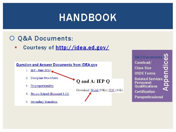 HANDBOOK Q&A Documents: Courtesy of http: //idea. ed. gov/ Appendices § Q&A Documents Caseload/