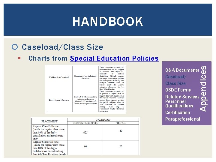 HANDBOOK Caseload/Class Size Charts from Special Education Policies Appendices § Q&A Documents Caseload/ Class