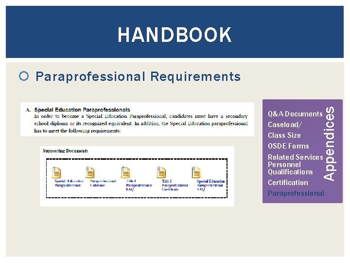 HANDBOOK Appendices Paraprofessional Requirements Q&A Documents Caseload/ Class Size OSDE Forms Related Services Personnel