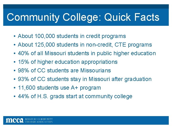 Community College: Quick Facts • • About 100, 000 students in credit programs About