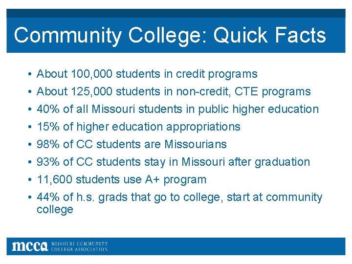 Community College: Quick Facts • • About 100, 000 students in credit programs About